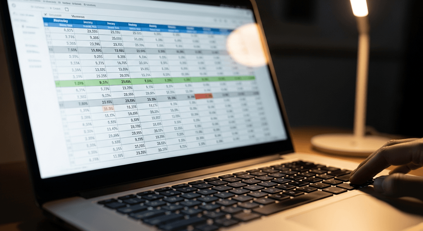 Modèle Excel de prévision de trésorerie sur écran avec lignes encaissements et décaissements